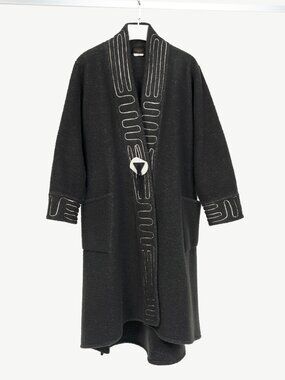 Linda Lundstrom Grey Fleece Embroidered Buttoned Coat